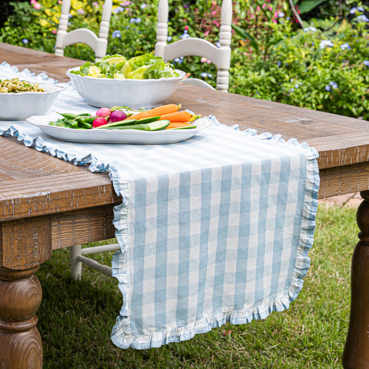 Juliska Gingham Ruffle Ocean 18" x 90" Table Runner - Image 4