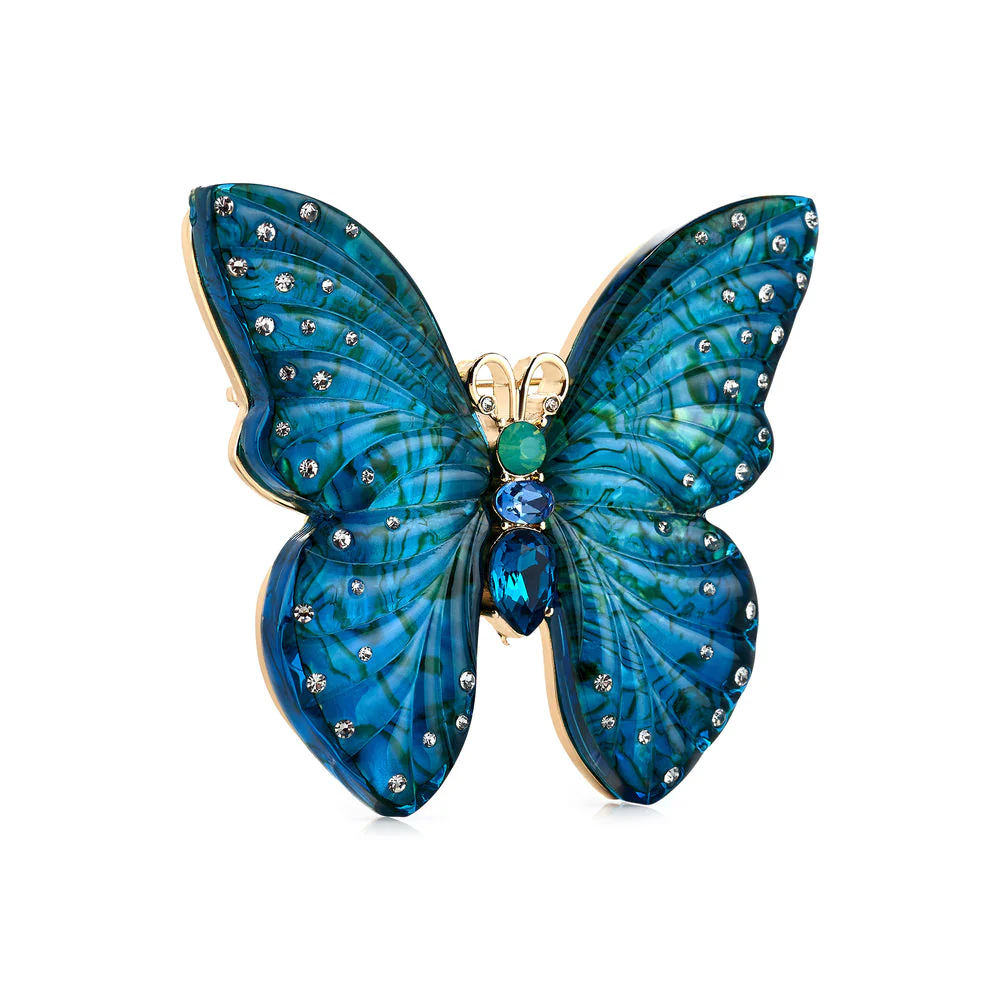 Kenneth Jay Lane Gold Butterfly Brooch with Transparent Blue Wings and Blue Gemstones