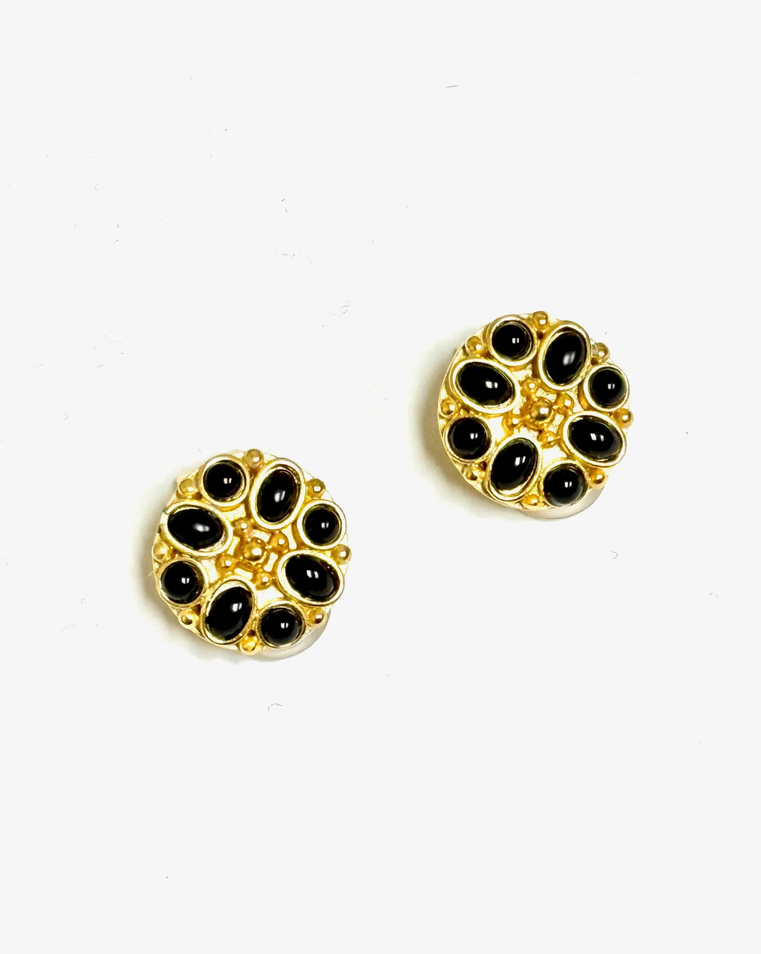 Kenneth Jay Lane Gold Button Clip Earrings with Black Cabochon