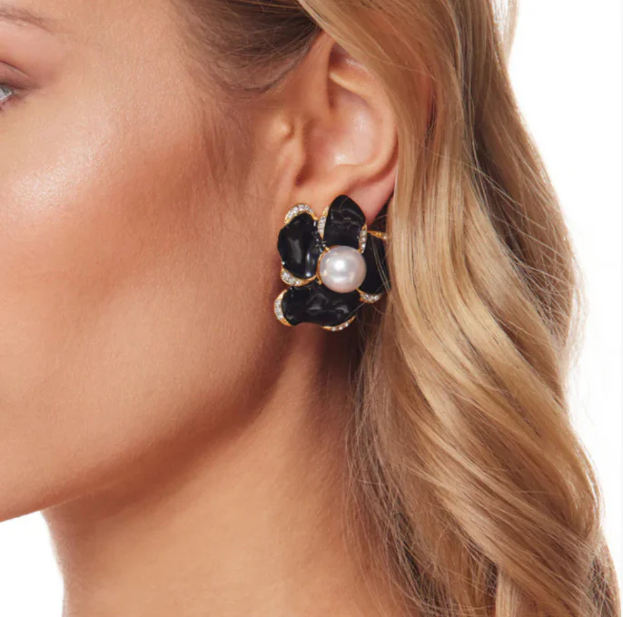 Kenneth Jay Lane Gold Flower Black Enamel Clip Earrings