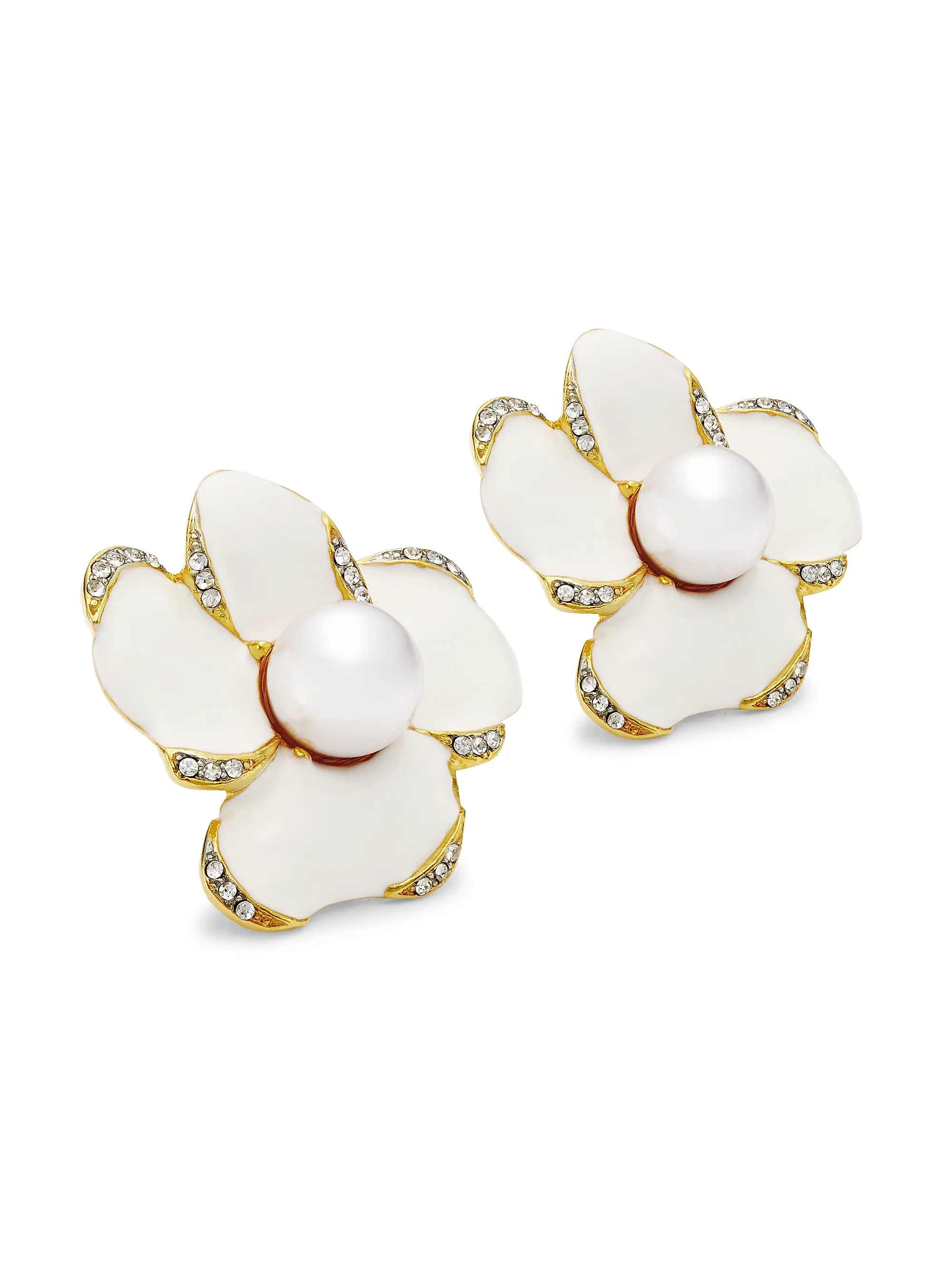 Kenneth Jay Lane Gold Flower White Enamel Clip Earrings - Image 2