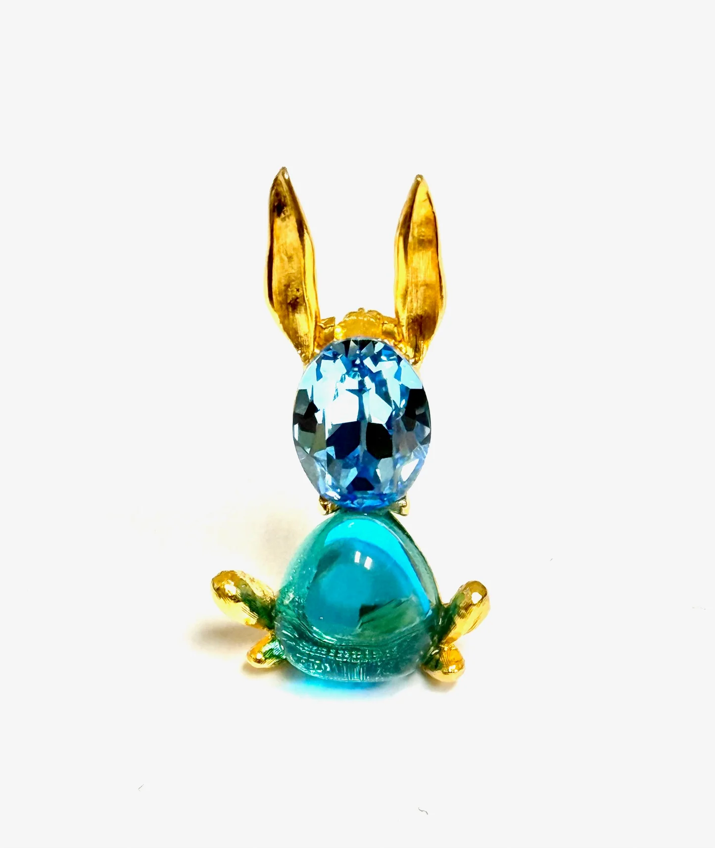 Kenneth Jay Lane Gold Rabbit Brooch with Aqua Crystal and Aqua Cabochon