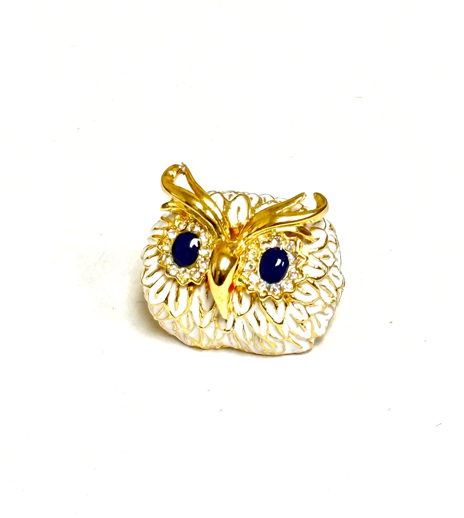 Kenneth Jay Lane Owl Head Brooch, Gold with Crystals, White Enamel, Lapis Eyes