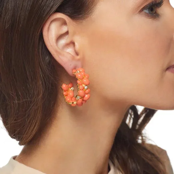 Kenneth Jay Lane Polished Gold Hoop Clip Earrings with Coral Cabochon and Clear Crystal