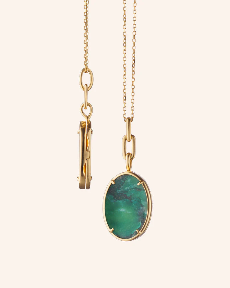 Monica Rich Kosann "Elle" 18K Yellow Gold Aventurine Slim Oval Locket with 17" Chain - Image 2