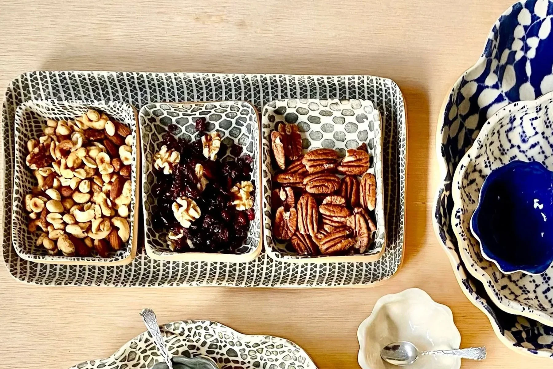 Terrafirma Chestnut Tasting Trays, Rectangular Dips- Braid, Taj, and Dot